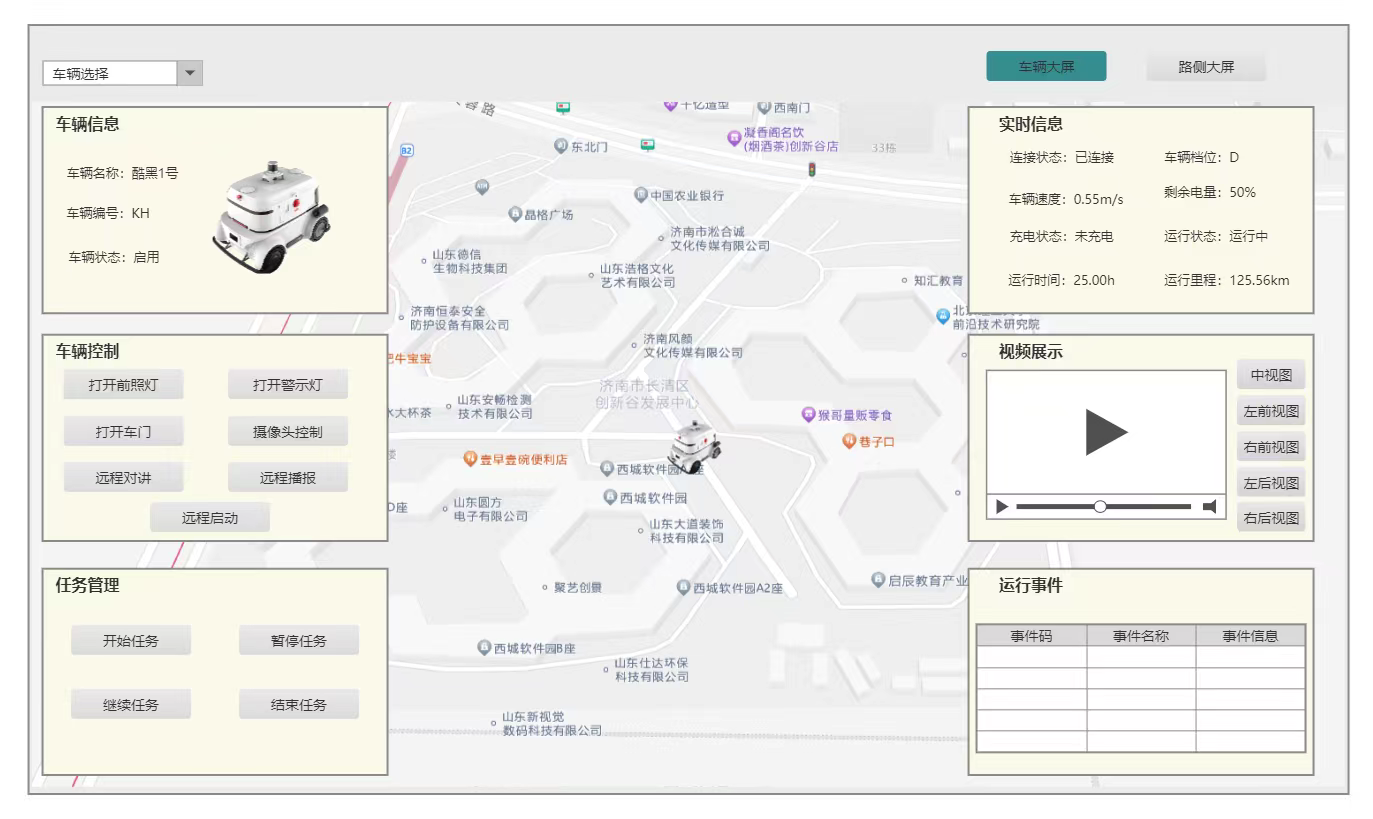 车辆调度大屏原型，中央为地图，两侧为信息与控制模块
